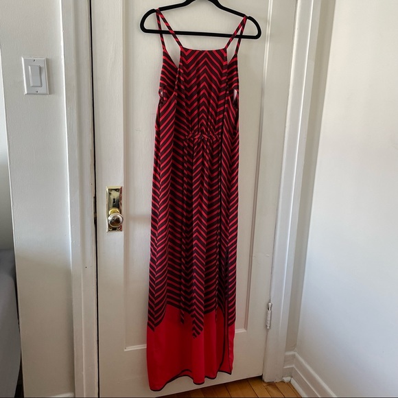 French Connection red & navy chevron print 100% silk maxi dress size 10 - Picture 8 of 13